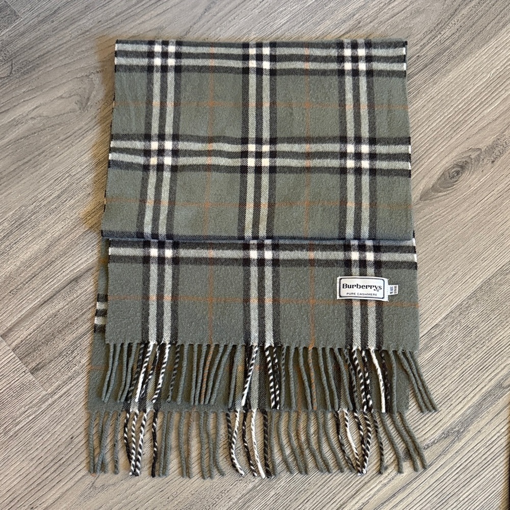 Vintage Burberrys light Olive and Orange Plaid Cashmere Scarf - Picture 3 of 10